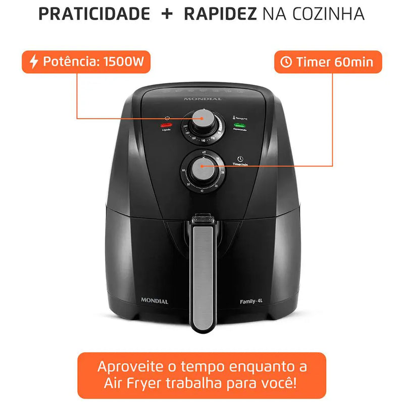 Fritadeira Elétrica Sem Óleo Air Fryer Mondial Family AFN40FB 4 L Preta – Bivolt + BRINDE [10 POTES HERMETICOS]